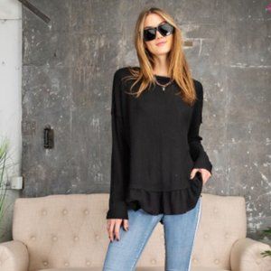 EASEL Black Brushed Thermal Ruffle Hem Knit Top